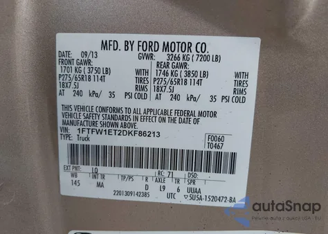 2013 Ford F-150 Xlt from USA, damaged, VIN 1FTFW1ET2DKF86213